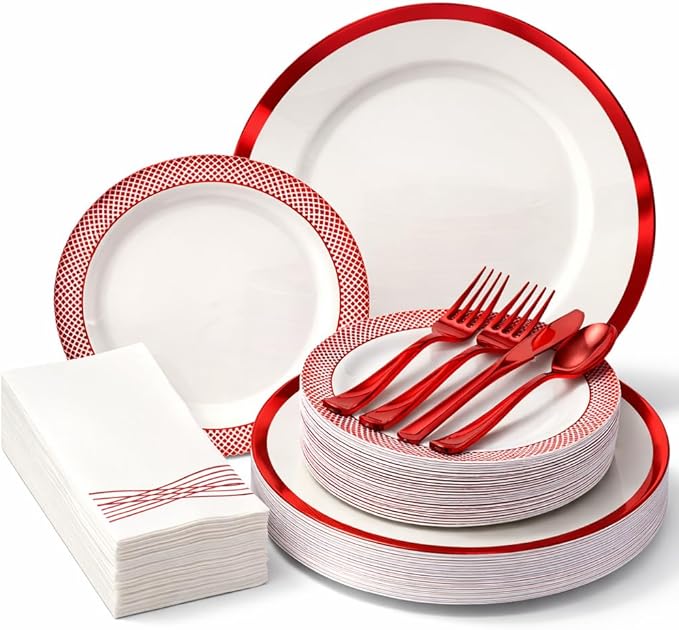 By Madee HEAVYWEIGHT Red Party Plates Set 175 Piece Fancy Plastic Dinnerware Sets | Red Plates and Napkins Cutlery | Elegant & Nice for Wedding Bridal Shower (25 Guests)