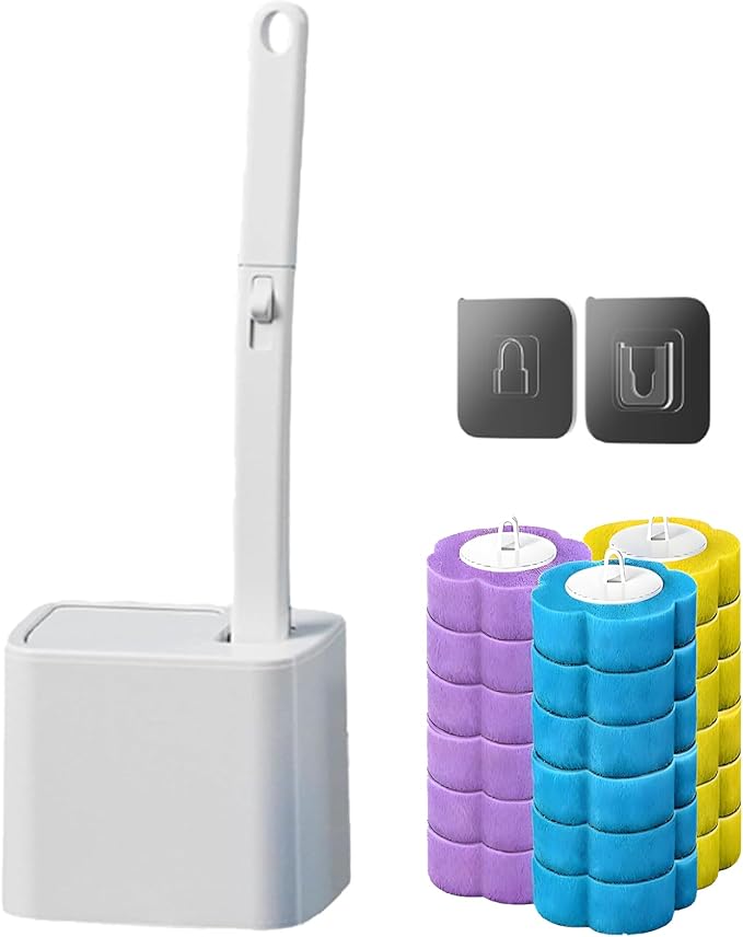 Toilet Disposable Brush with Holder & Refill Heads, Hygienic Sanitary Toilet Cleaner – Streak-Free Fresh Bathroom, No Mess Disposable Toilet Bowl (1 Handle + 36 Refills)(White+18 Refill)
