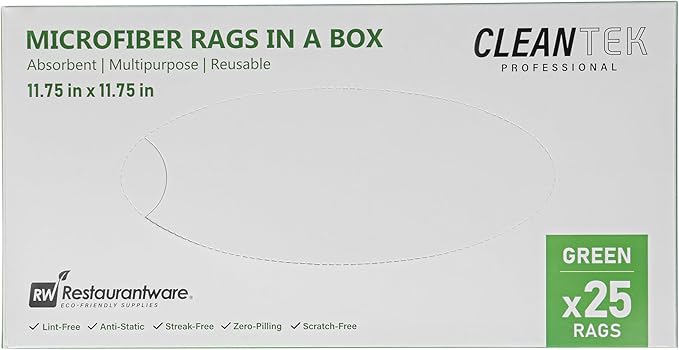 Restaurantware-Clean Tek Professional 11.81 x 11.81 Inch Microfiber Rags in a Box, 25 Absorbent Cleaning Cloths - No-Scratch, Green Microfiber Reusable Edgeless Cleaning Towels, Leaves No Streak