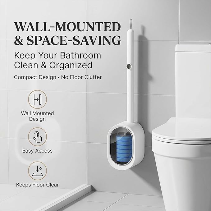 Disposable Toilet Bowl Cleaner Wand, Toilet Scrubber Kit with Self-Cleaning Disposable Pads – No Pre-Rinse (White+8Pcs Brush Heads)