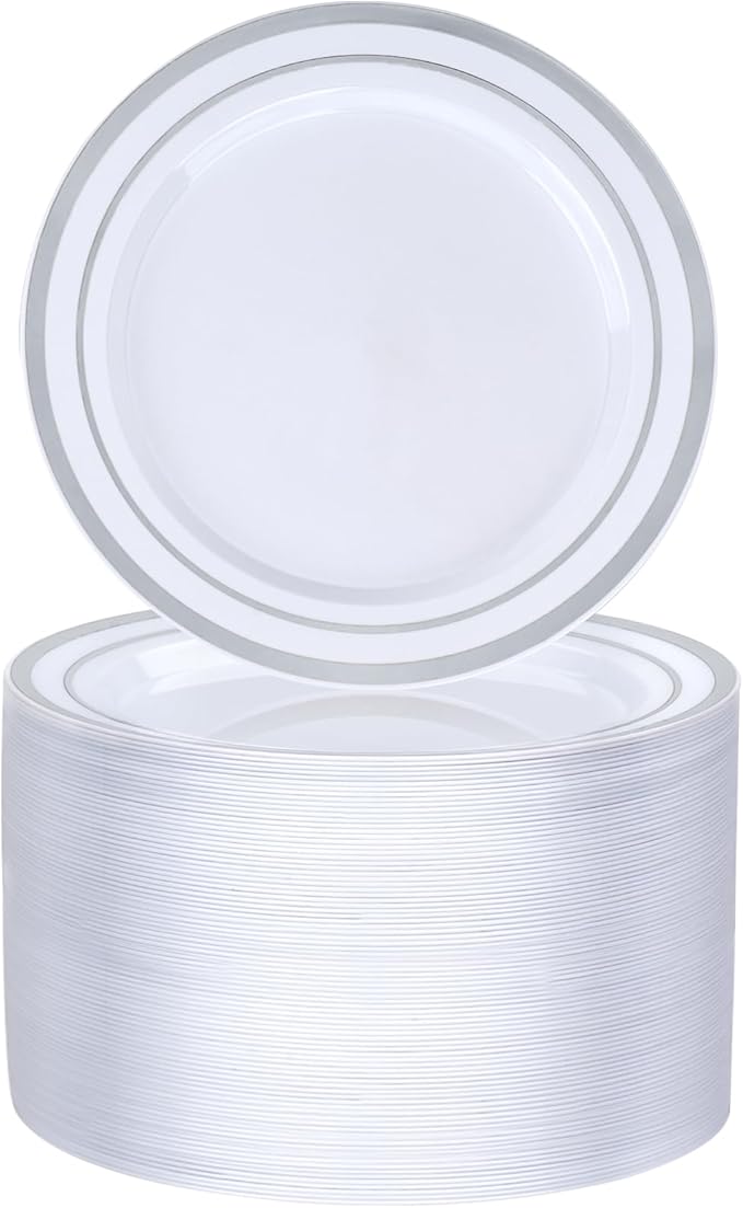 BESTVIP 100PCS 7 Inch Silver Plastic Dessert Plates, Disposable Plate with Silver Rim for Salad/Samll Cakes, Heavy Duty Plates for Party, Wedding and Birthday, Events