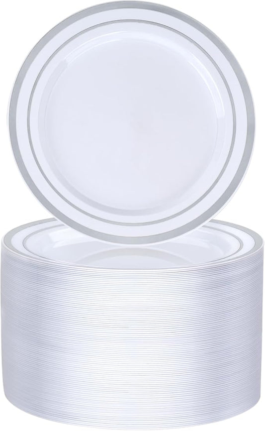 BESTVIP 100PCS 7 Inch Silver Plastic Dessert Plates, Disposable Plate with Silver Rim for Salad/Samll Cakes, Heavy Duty Plates for Party, Wedding and Birthday, Events