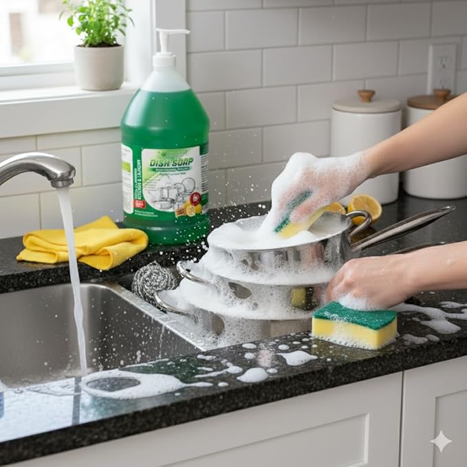 GreenFist Dish Soap Ultimate Kitchen Kit – Pump, Towel, Sponges & Scrubbers, Complete Cleaning Bundle – 1 Gallon, Lemon Scent