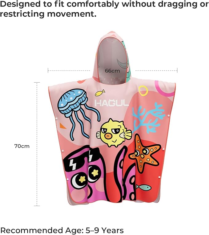 Kids Hooded Beach Poncho, 66×70cm, Soft & Quick-Dry with Fun Ocean Prints, Lightweight Swim Towel for Pool, Beach & Water Park (Ages5–9) (Pink, Small)