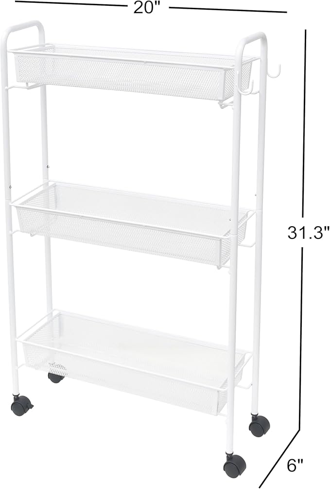 White 3-Tier Rolling Bathroom Storage Cart, Slim Freestanding Mobile Shelving Unit with Sturdy Hooks, Space-Saving Utility Rolling Cart for Home Organization