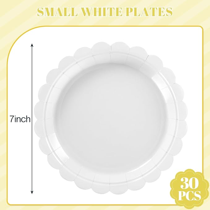 NatNarr 30 Pcs Dessert Plates Disposable, 7 Inch Scalloped White Plates Small Cake Birthday Plate for Wedding, Birthday, Bridal Shower