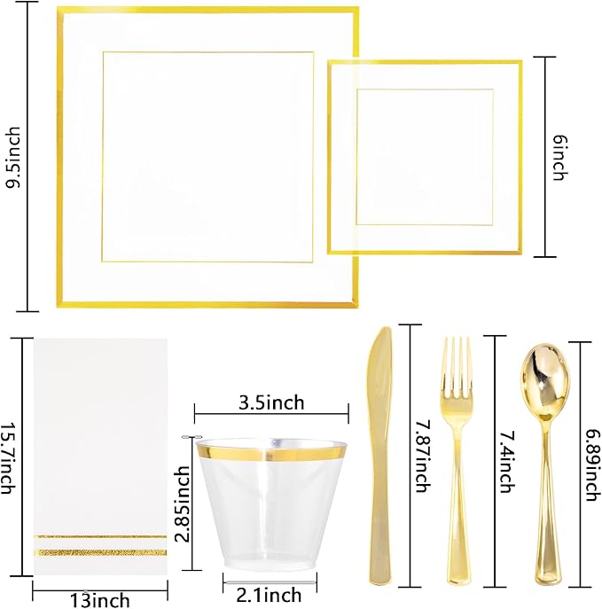 Festiva 350Pcs Clear Plastic Plates with Gold rim - Clear Gold Disposable Dinnerware for 50 Guests includeSquare Plastic Plates/Cups/Cutlery/Napkins Perfect for Birthday Party&Wedding