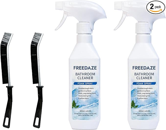 Bathroom Cleaner Foam Spray (400ml) - Spray, Wait & Scrub for Hard Water Stains, Rust & Soap Scum | Free Cleaning Brush Included (2 PACK)