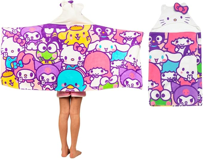 Hello Kitty & Friends Kids Super Soft Bath/Pool/Beach Soft Cotton Terry Hooded Towel Wrap, 24 in x 50 in, (Officially Licensed Product) By Franco