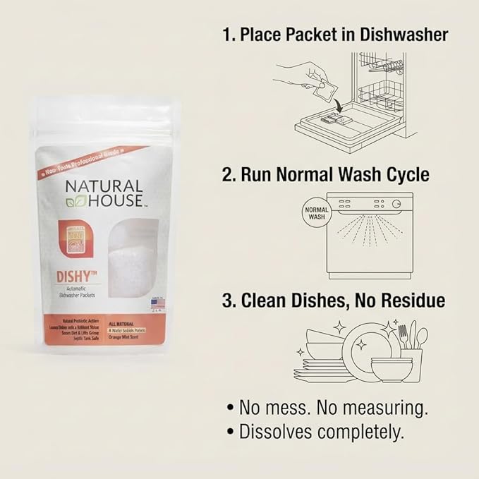Natural House Dishy - Plant-Based Enzyme Dishwasher Detergent Pods Family Pack - 120 Count - Septic-Safe, Plumbing-Friendly - Hard Water Compatible - Orange Mint Scent