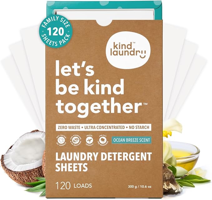 Kind Laundry Detergent Sheets – 120 Loads Ocean Breeze, EWG Verified, No Residue After Wash, Eco Plastic-Free Liquidless Laundry Soap, Non-Toxic Formula, for Sensitive Skin, Travel & Dorm Friendly