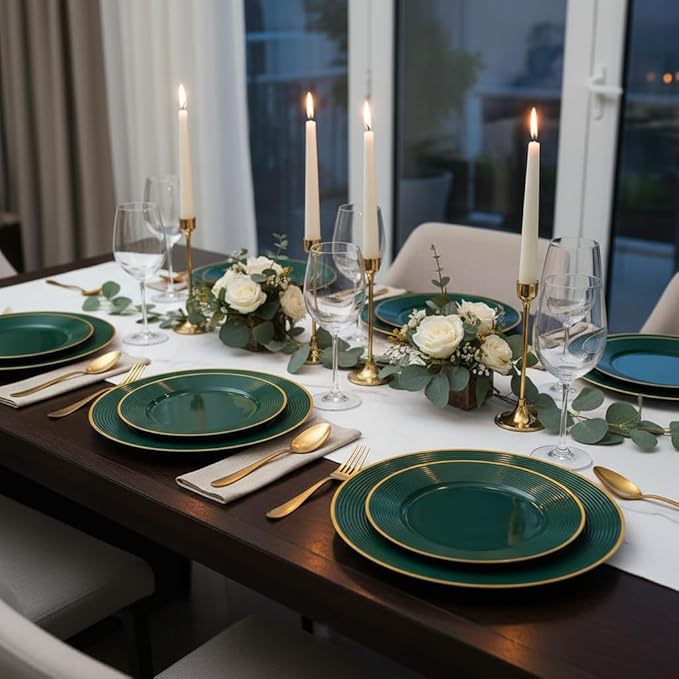 Liacere 100PCS Green Plastic Plates - Heavy Duty Disposable Plates - Green and Gold Plate 100PCS Dinner/Dessert Plate for Party & Christmas & New Year’s St. & Patrick's Day
