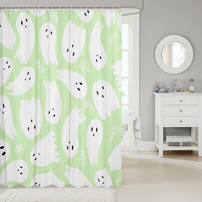 Castle Fairy White Green Watercolor Hand Draw Print Waterproof Shower Curtains,Halloween Shower Curtain,Cartoon Ghost Modern Bathroom Accessories,Machine Washable,72" X 78"