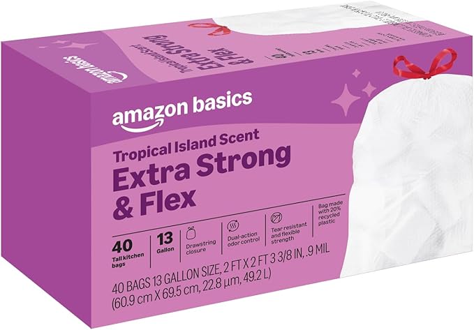 Amazon Basics Extra Strong & Flex Tall Kitchen Drawstring Trash Bags, Tropical Island Scent, 13 Gallon, Tear Resistant with Odor Control, 40 Count