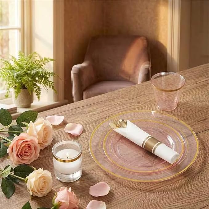 WELLIFE 210Pcs Clear-Pink Plastic Dinnerware- Pink and Gold Plastic Dinnerware include 30 Dinner Plates, 30 Dessert Plates, 90 Gold Silverware, 30 Cups and 30 Napkins Perfect for Parties