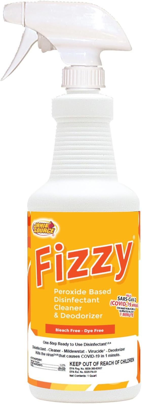 Fizzy RTU Disinfectant Cleaner Spray, Hydrogen Peroxide, Sparkling Zest Scent, Ready to Use, 32 oz Quart – For Hard Non-Porous Surfaces