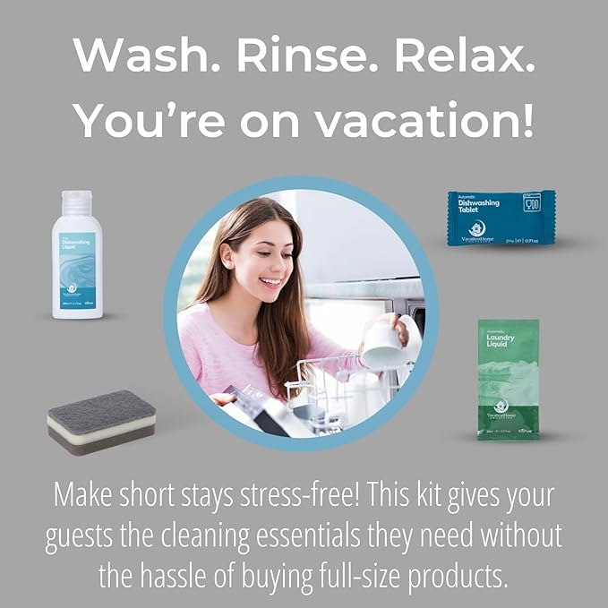 Air bnb Essentials for Hosts, Kitchen & Laundry Amenities - Dish Soap, Dishwasher Tablets, Kitchen Sponge & Travel Laundry Detergent, Pre-Packed in Premium Boxed Amenity Kits, 20 Kits - 120 pcs