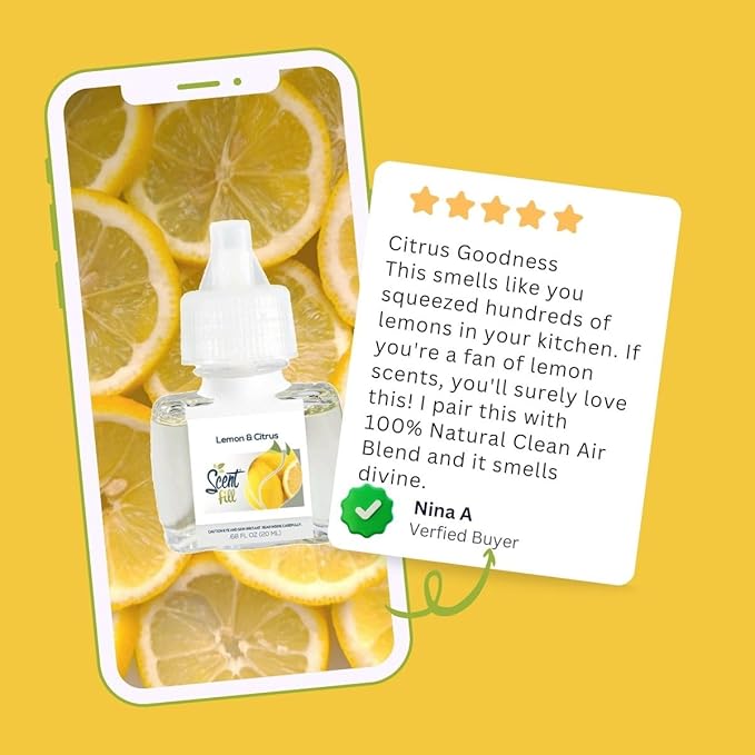 Scent Fill 100% Natural Lemon & Citrus Plug in Air Freshener, Scented Oil Refills, 2 Refills + Diffuser