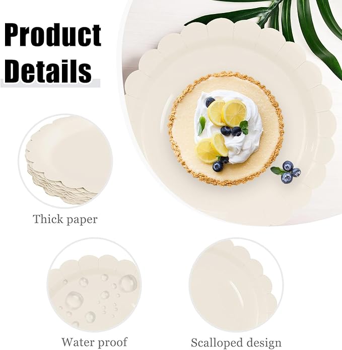 HEIPINIUYE 25 Pcs Ivory Scalloped Paper Plates 9 Inches Disposable Paper Party Plates for Cake Dessert Baby Shower Wedding Birthday Party Supplies