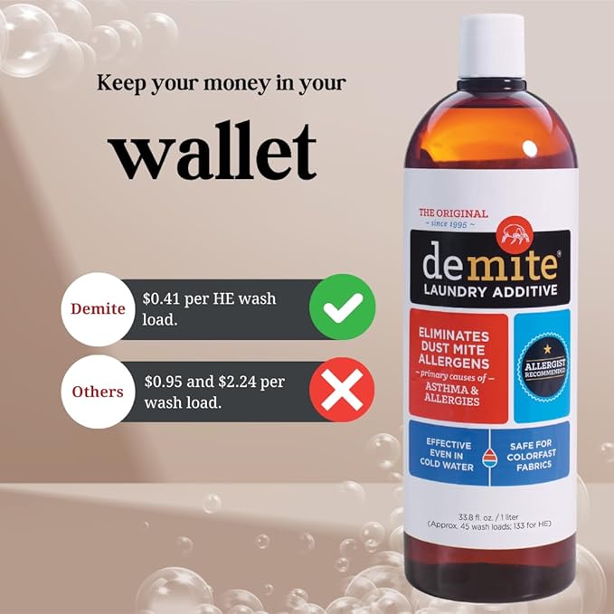 DeMite Laundry Additive - Dust Mite Waste Remover for Allergy Relief, Treatment for Bedding & Clothes, Safe for Children & Pets, Fragrance-Free Gentle Formula, Use with Any Laundry Detergent, 1 Liter