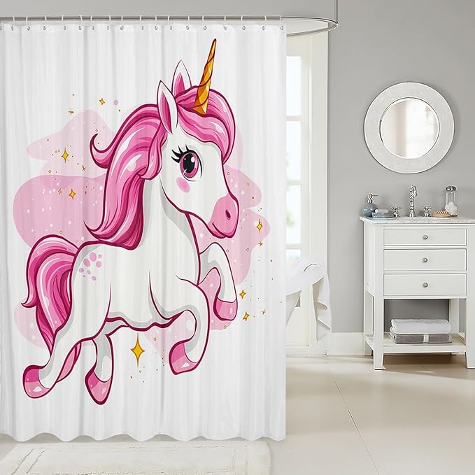 Pink Unicorn Shower Curtain Kawaii Bath Curtain 72"Wx84"L Cute Dreamy Horse Bathtubs Shower Curtain Set for Kids Child,Cartoon Magical Animal Bathroom Accessories Princess Girls Decor Plain White