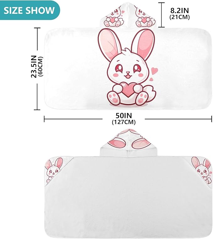 Kids Hooded Towels Kawaii Valentine Bunny Holding Heart Swimming Beach Towel 23.5" x 50" Bath Towel for Boys Girls 21219230