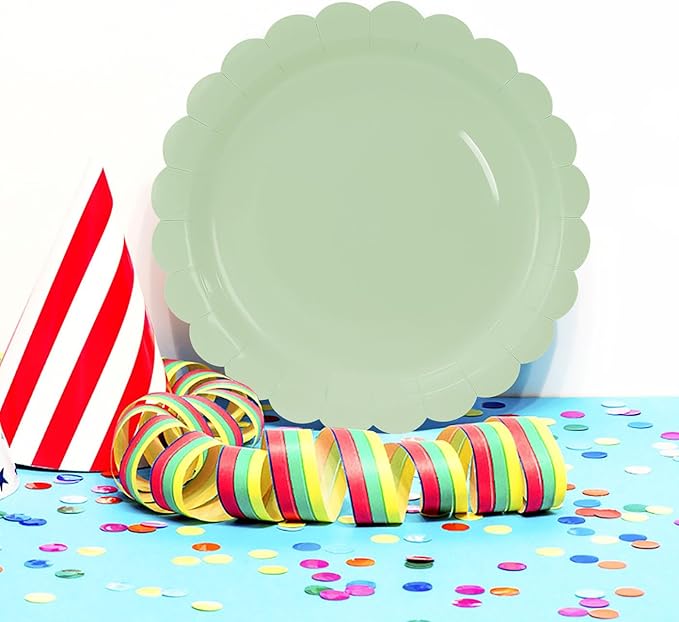 HEIPINIUYE 25 Pieces Sage Green Paper Plates 9 Inch Sage Scalloped Plates Disposable Dinner Plate for Wedding Baby Shower Birthday Party Dessert Plate