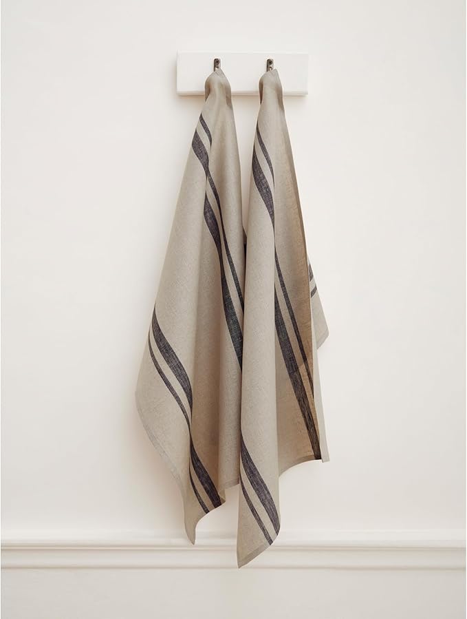 Solino Home Black and Natural Linen Kitchen Towels Set of 2-100% Pure Linen 17 x 26 Inch French Stripe Tea Towels with Hanging Loop - European Flax Kitchen Dish Cloth - Quick Dry & Machine Washable