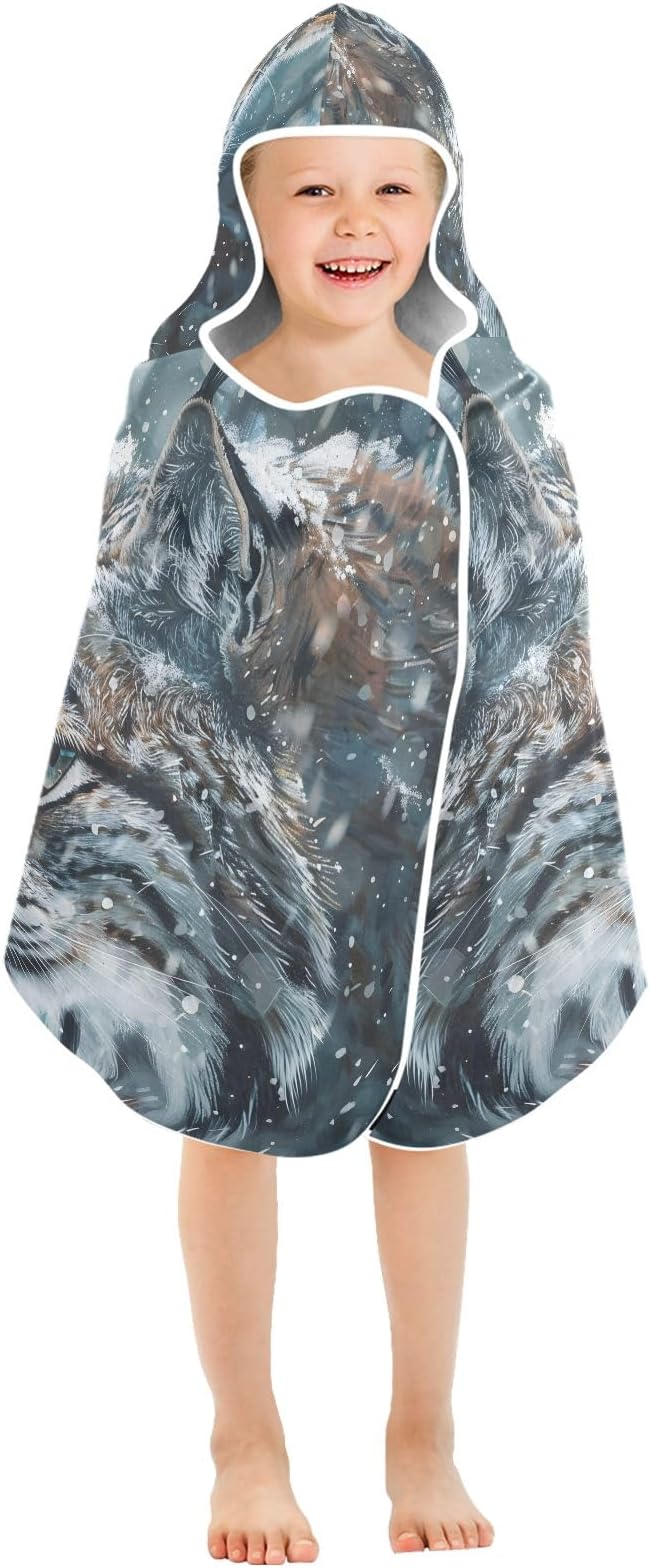 Hooded Towel for Kids Frosty Bobcat Stares Into The Snowy Forest Beach Wrap Bath Towels 50x23.5in