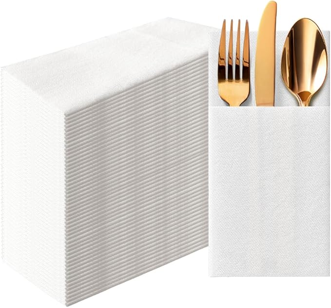 PAW - White Linen Feel Napkins with Built-in Flatware Pocket, Soft and Absorbent Paper Pre-Folded Napkins, Guest Towels, Wedding Party, Dinner, Birthday, Gatherings, 50 Count
