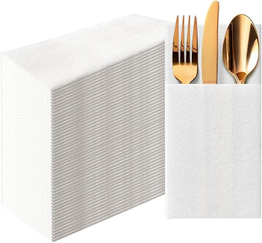 PAW - White Linen Feel Napkins with Built-in Flatware Pocket, Soft and Absorbent Paper Pre-Folded Napkins, Guest Towels, Wedding Party, Dinner, Birthday, Gatherings, 50 Count