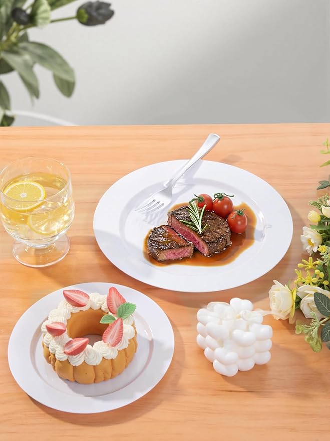 WDF 200pcs White Plastic Plates Disposable - Heavy Duty Plastic Plates for Party - Include 100 x 10 Dinner Plate and 100 x 7 Dessert/Cake Plate - Ideal for Weddings/Parties/Events
