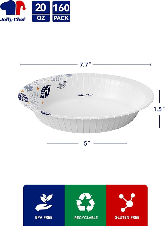 JOLLY CHEF 160 Count Paper Bowls 20 oz Soak Proof and Cut Proof Microwave Safe Heavy Duty Leaf Printed Disposable Bowls for Dinner or Every Day Use