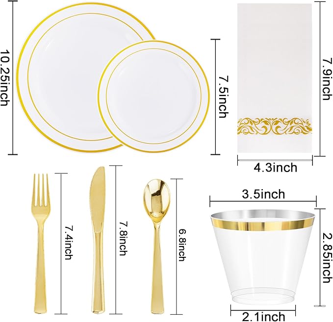 WELLIFE 700 Pieces Gold Plastic Dinnerware Set for 100 Guests - Includes Plates, Cups, Napkins, and Disposable Cutlery - Elegant White & Gold Design, Perfect for Parties and Events