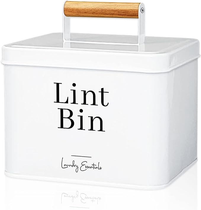Simplation Modern Farmhouse Lint Bin for Laundry Room Decor and Accessories, Metal Lint Bin for Laundry Decor, Lint Holder Bin for Laundry Room Organization (White)