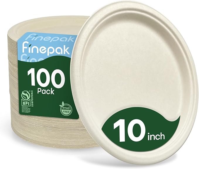 Disposable Paper Plates 10 Inch, 100% Compostable Plates 100 Pack, Eco-Friendly, (PFAS-Free) Biodegradable Sugarcane Bagasse Dinner Plates for Dessert, Cake, Appetizer (Microwave Safe) (BPI Certified)