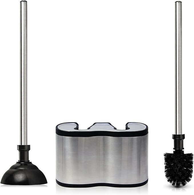 Casaphoria Stainless Steel Toilet Bowl Brush with Holder and Plunger Set, Freestanding Canister for Bathroom, 2 in 1 Hideaway Holder Heavy Duty Unclogger Plunger