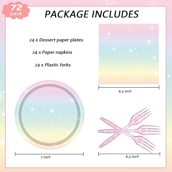 72 Pcs Pastel Rainbow Paper Plates 7in Disposable Birthday Dessert Plates Napkins and Forks Party Tableware Set Decoration Supplies for Girls Birthday Baby Shower Wedding Graduation Party, Serve 24