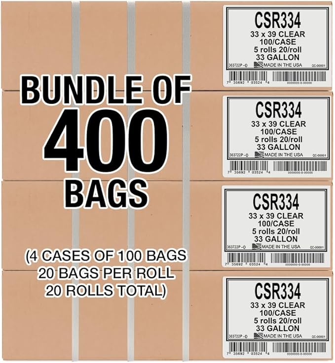 Aluf Plastics 33 Gallon 2 MIL (eq) Clear Heavy Duty Garbage Bags - 33" x 39" - Pack of 400 - For Industrial, Recycling, Storage, & Outdoor