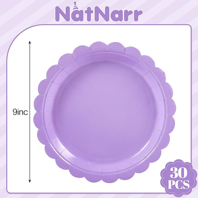 NatNarr 30 Pcs Lavender Plates 9 Inch Disposable Scalloped Plates Light Purple Birthday Plate Cute Dessert Party Plate for Wedding, Bridal Shower, Girls Birthday