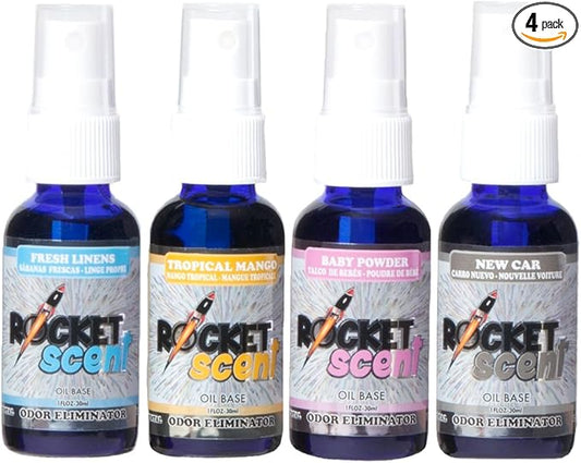 Rocket Scent - Oil Air Fresheners + Odor & Smoke Eliminator + Home, Car, Office, Bathroom Deodorizer + New Car, Mango, Fresh Linen, Powder Scent + Assorted 4 Pack