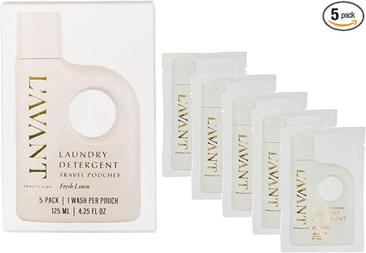 L'AVANT Collective Luxury Travel Laundry Detergent | Fresh Linen | Non-Toxic Concentrated Liquid Laundry Soap Packets | Plant-Based, HE Compatible, Travel Size, Gym, Camping & Rentals | Set of 5