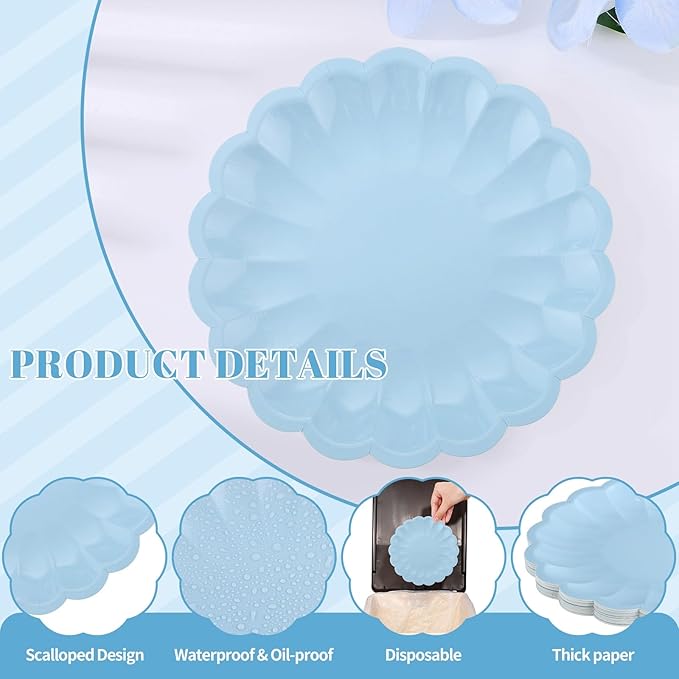 NatNarr 30 Pcs Light Blue Scalloped Paper Plates 7.5 Inch Shell Edge Dinner Paper Plates Disposable Baby Blue Scalloped Easter Plate for Wedding Boy Baby Shower Birthday Party