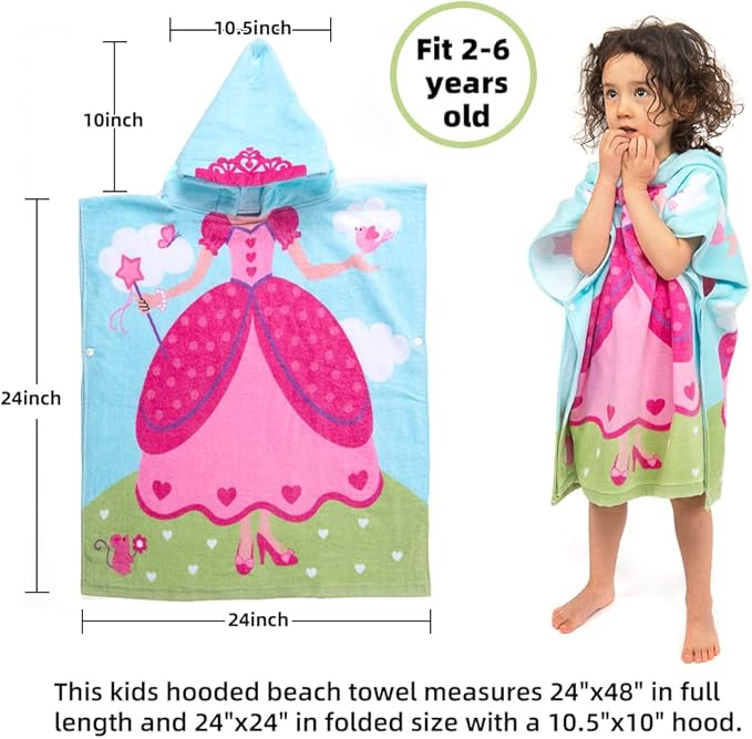 Florica Hooded Bath Towels for Girls Kids Toddlers Children 2 to 6 Years Old Cotton Ultra Soft Absorbent Poncho Beach Towel for Pool Swim Pink Large Size 24"x 47" in Full-Length (Lovely Princess