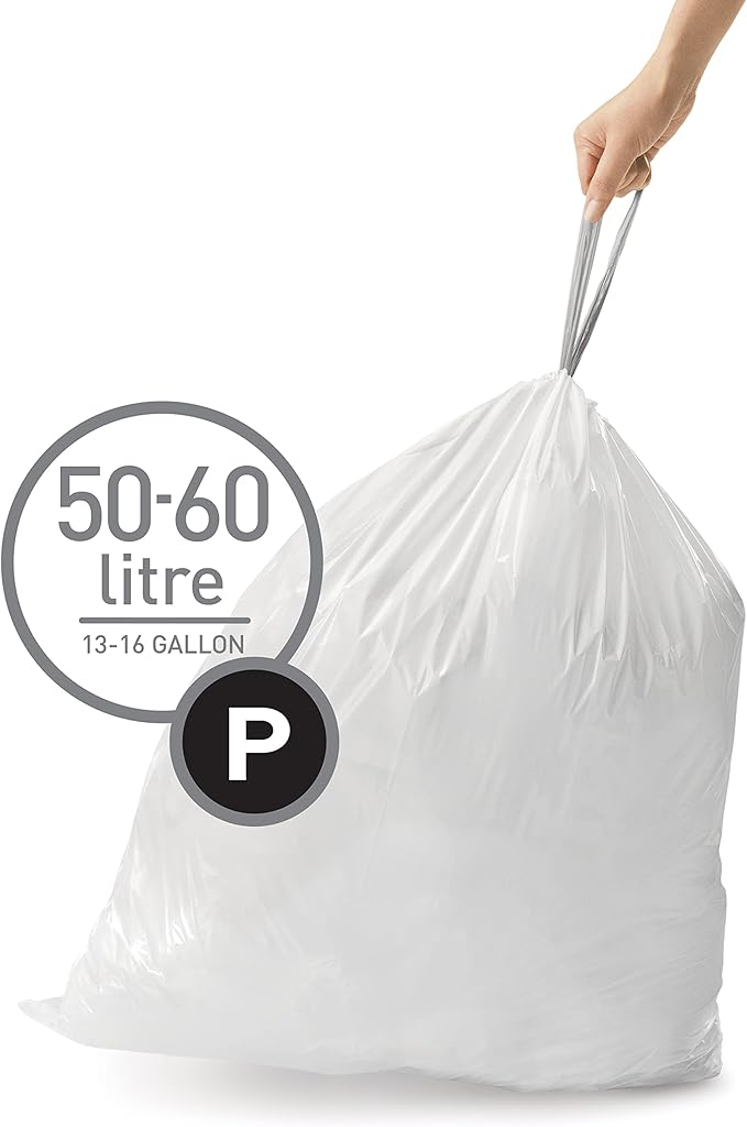 simplehuman Code P Custom Fit Liners, Drawstring Kitchen Trash Bags,by- Mess-Free Dispense, Extra Thick & Double Seamed, 50% PCR Plastic, 50-60 Liter / 13-16 Gallon, White, 100 Count (Pack of 2)