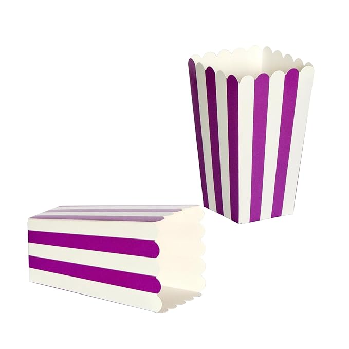 XIEHE 24 Pack Striped Popcorn Boxes - Carnival Parties Mini Paper Popcorn and Candy Containers, Party Supplies for Movie Nights (Purple)