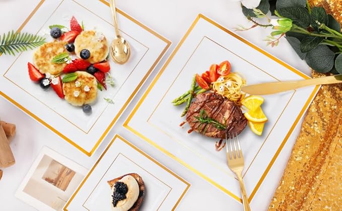 Festiva 350Pcs Gold Plastic Plates - Disposable Square Gold Plates Dinnerware set include 9.5"/6" Plates,Cups,Plastic Cutlery,Hand Napkins Perfect for 50 guests Party&Birthday&Wedding
