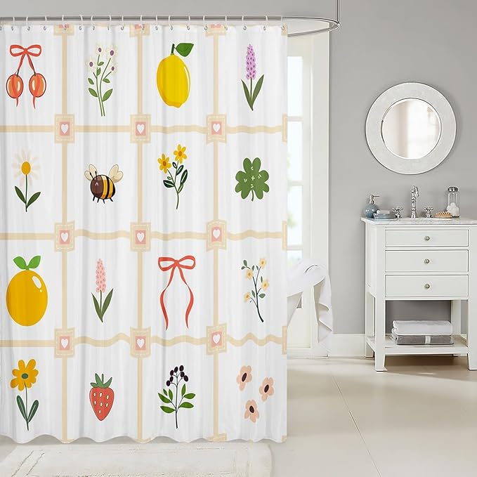 Erosebridal Floral Girl Shower Curtain, Cartoon Pastel Lattice Waterproof Bathroom Curtain for Kids Teens, Kawaii Bees Fruits Bows Pattern Bath Curtains, Cute Bathroom Accessories, 72" W x 84" L