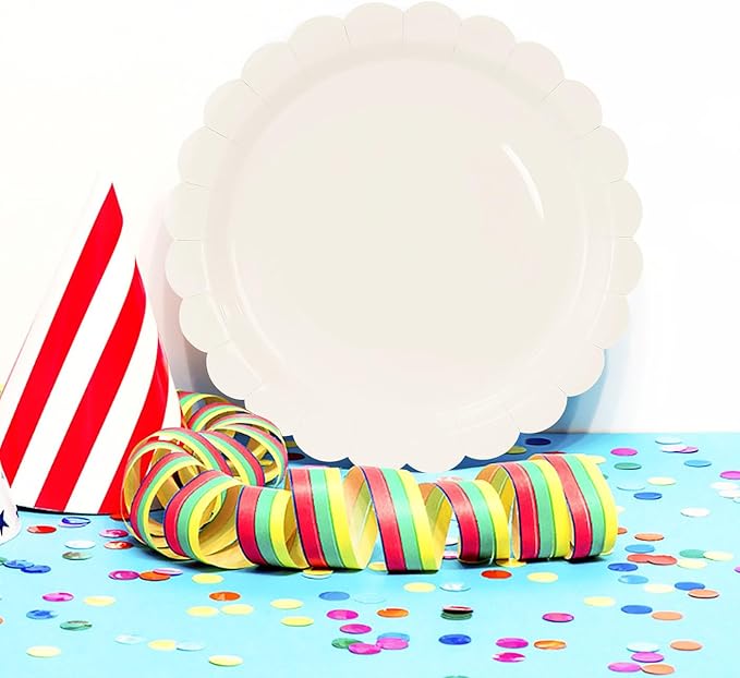 HEIPINIUYE 25 Pcs Ivory Scalloped Paper Plates 9 Inches Disposable Paper Party Plates for Cake Dessert Baby Shower Wedding Birthday Party Supplies