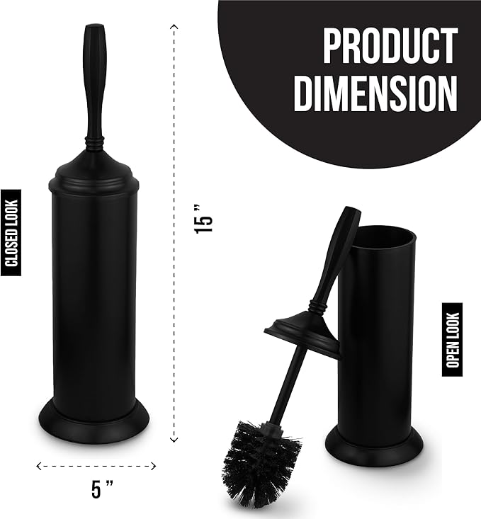 Splash Home Kolva Stainless Steel Toilet Brush with Holder, Bowl Scrubber with Durable Cleaning Bristles, Hidden Brush with Splash Protective Disc Design - Matte Black